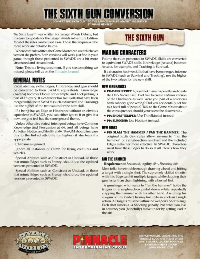 The Sixth Gun Conversion for Adventure Edition (PDF) SWADE