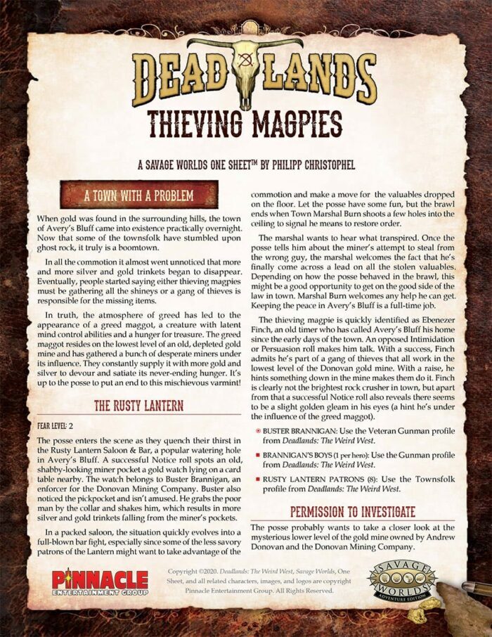 Deadlands: the Weird West - Thieving Magpies One Sheet (PDF)