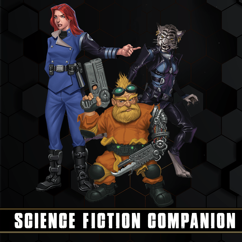 A human female, dwarf male with cybernetic arm, and felinoid on a black hex background