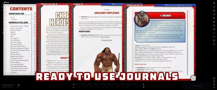 A spread of journals from the Super Powers Companion module