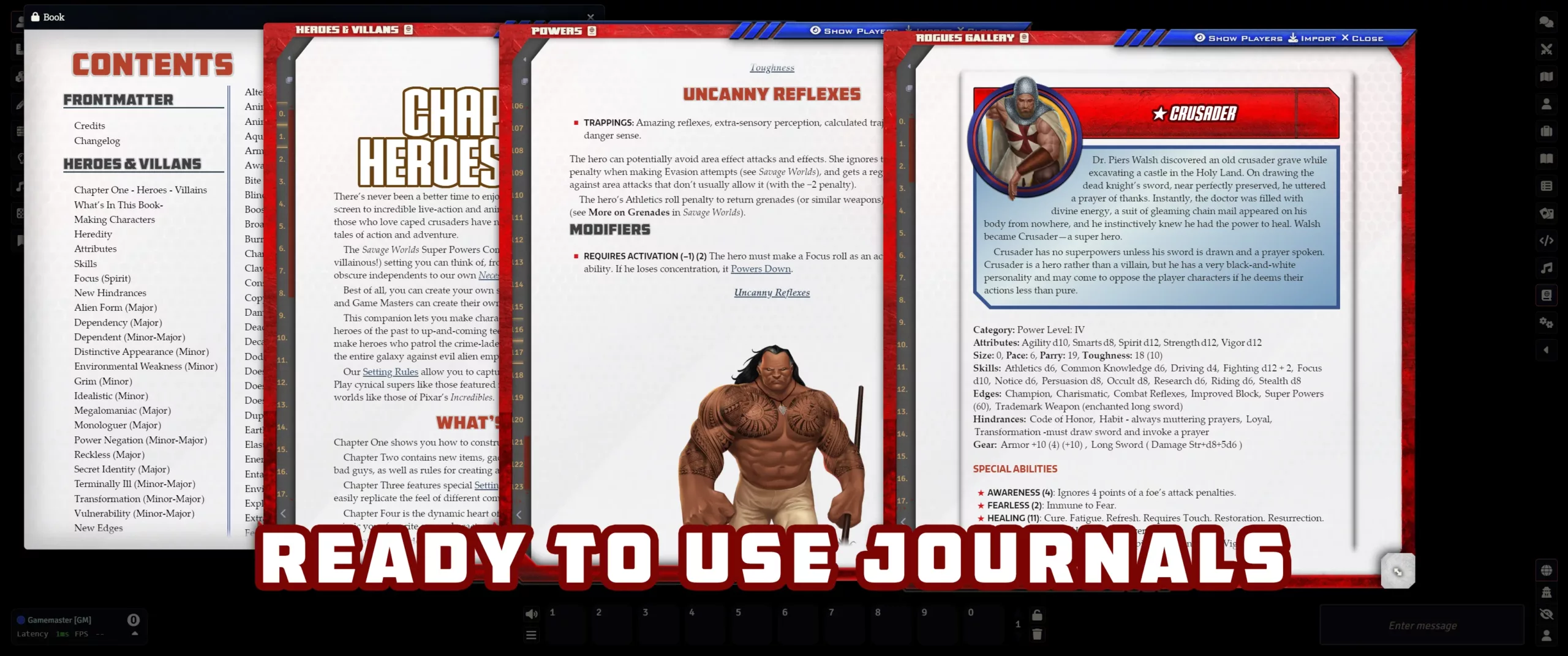 A spread of journals from the Super Powers Companion module