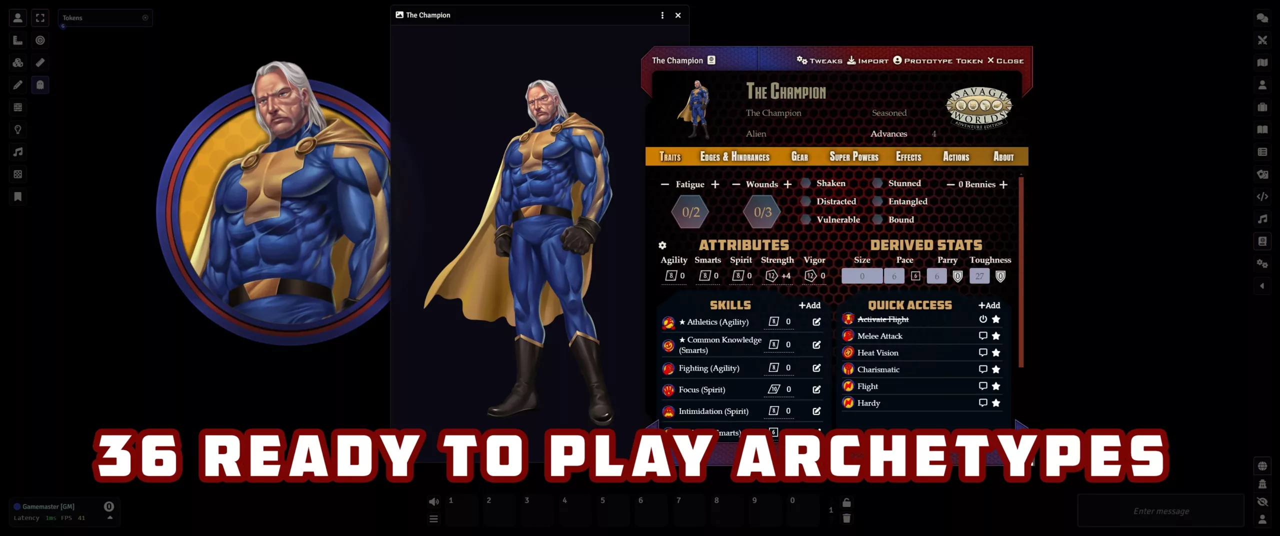 A look at one of the archetypes using the dark mode character sheet.