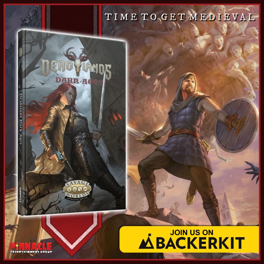 Promo image for Deadlands: Dark Ages with the book cover on the left and an armored knight on the right