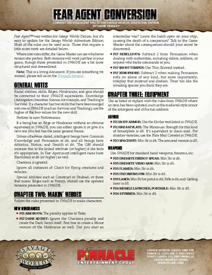 Fear Agent™ Conversion for Adventure Edition (PDF) SWADE