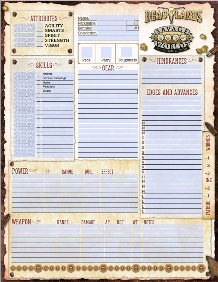 Deadlands: The Weird West Character Sheet (PDF)