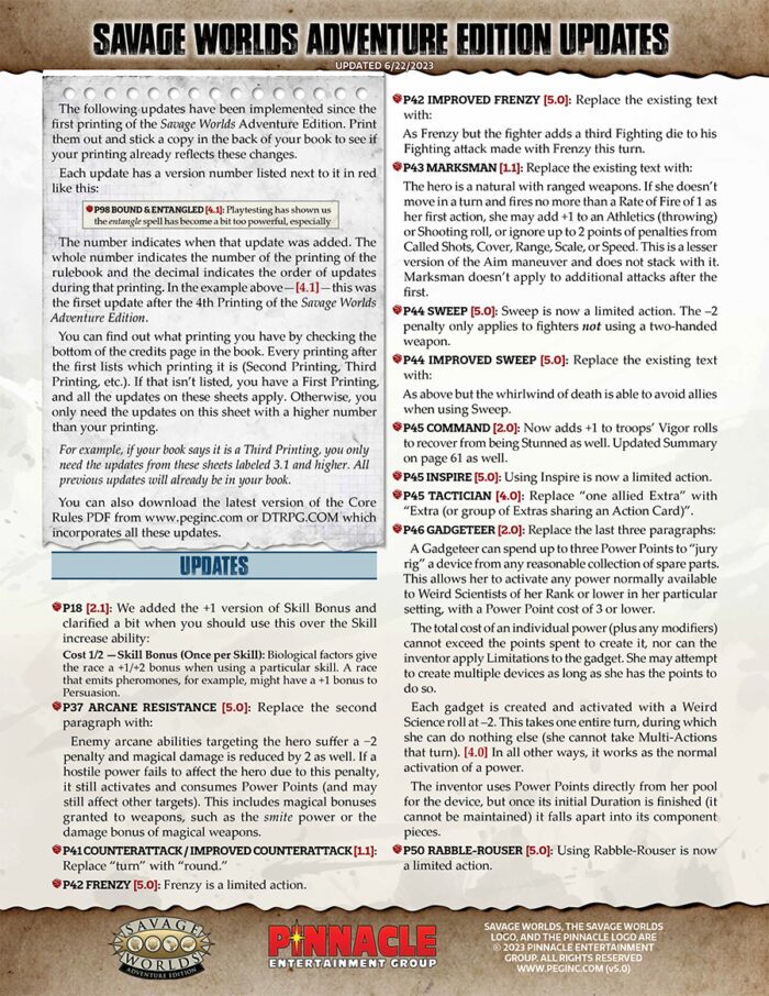 Savage Worlds Adventure Edition Updates (PDF) #SWADE