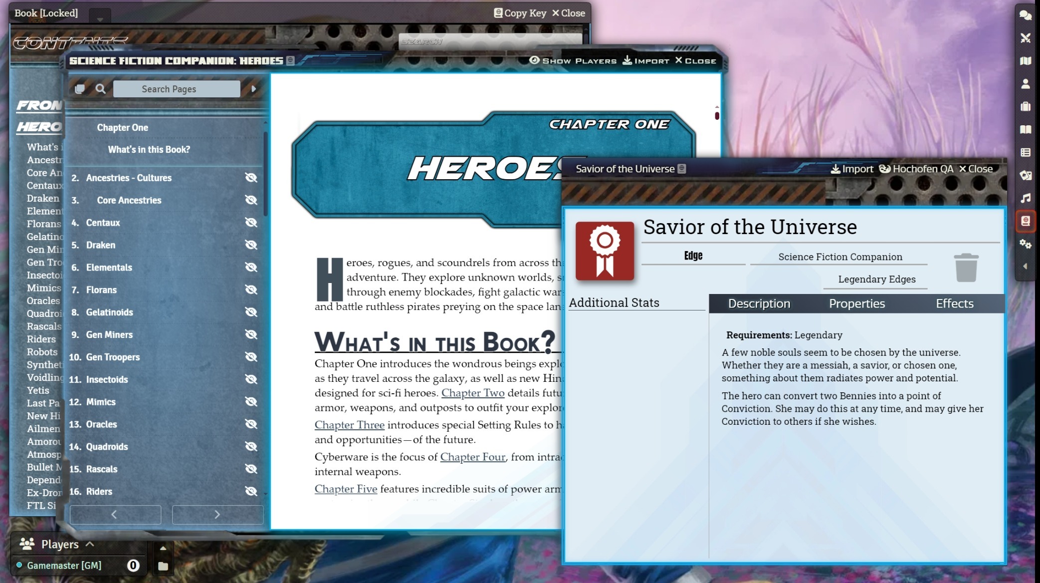 A Foundry VTT screenshot showing the journal entries and item sheets with blue and metal sci-fi styling.